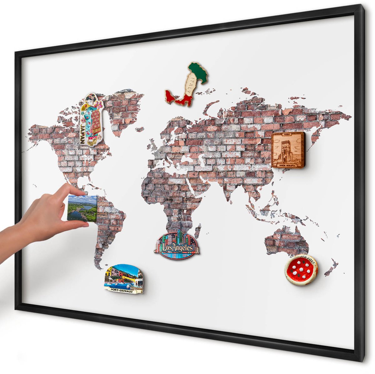 Artprintcave Wit Magneetbord mit Zwart Frame - 100x70 cm - Baksteenwereld Magneetbord Voor Keuken - Industrieel/Loft Magnetische Organizer - Kaarten