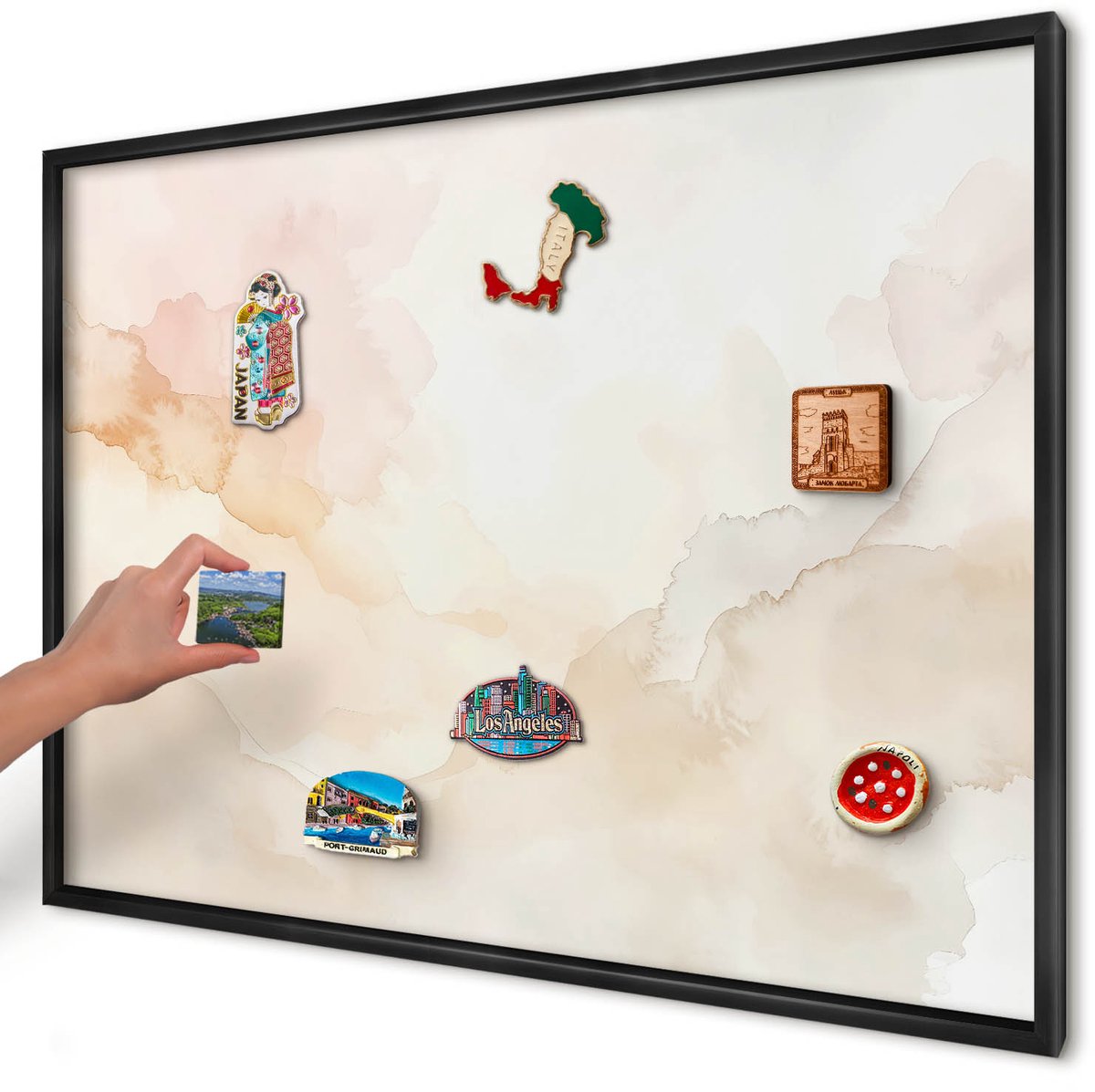 Artprintcave Beige Magneetbord mit Zwart Frame - 100x70 cm - Pastel Vrede Wandbord Magnetisch - Waterverf Memobord Keuken - Abstractie