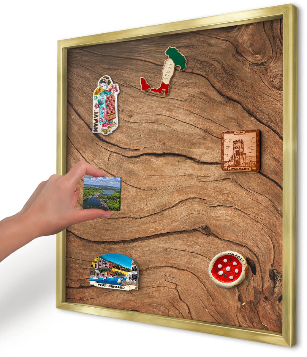 Artprintcave Bruin Magneetbord mit Gouden Frame - 50x50 cm - Houtnerf Magneet Bord mit Frame - Rustiek Memobord Keuken - Texturen