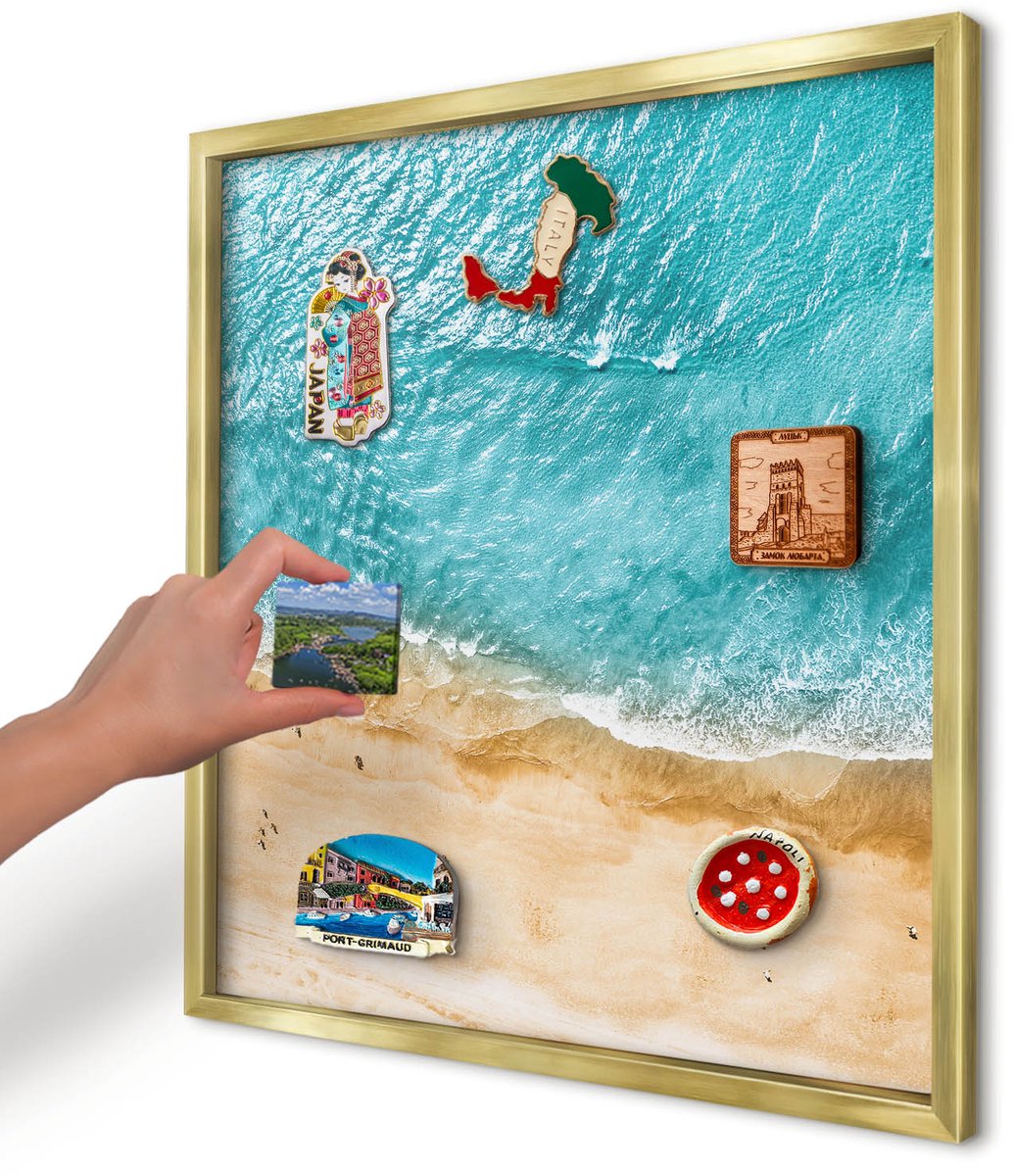 Artprintcave Turkoois Magneetbord mit Gouden Frame - 50x50 cm - Zee En Strand Magnetisch Bord - Fotografisch Notitiebord - Landschappen