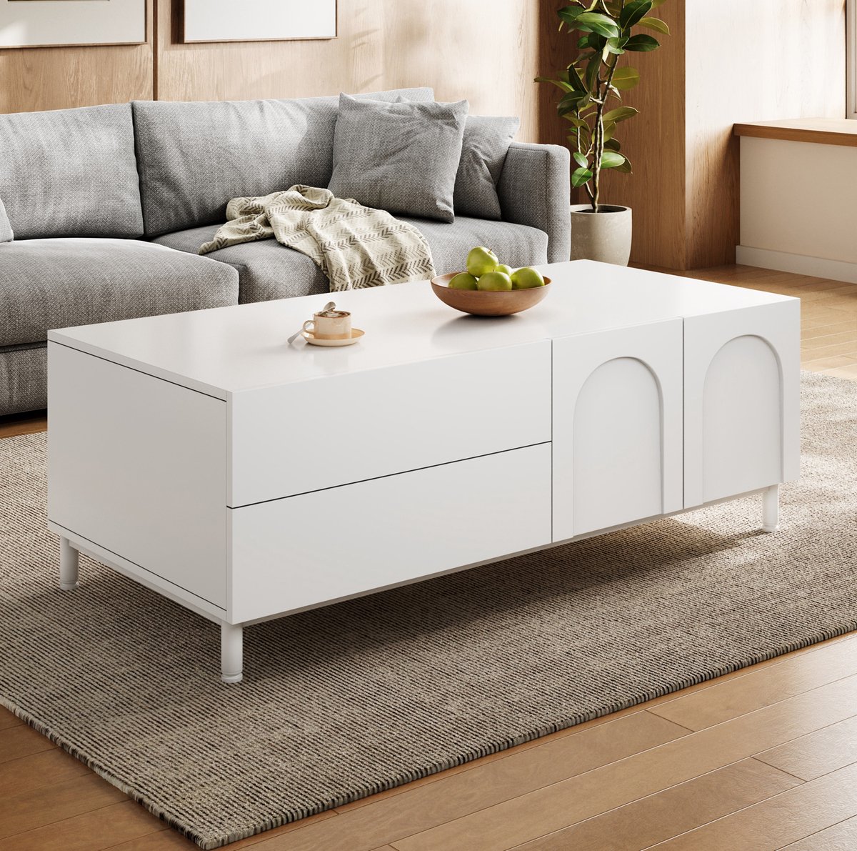 MIVRAY Salontafel - Rechthoekige Opbergtafel Met Lades En Deuren - Modern Voor Woonkamer - Wit - 100 X 50 X 39,5 Cm