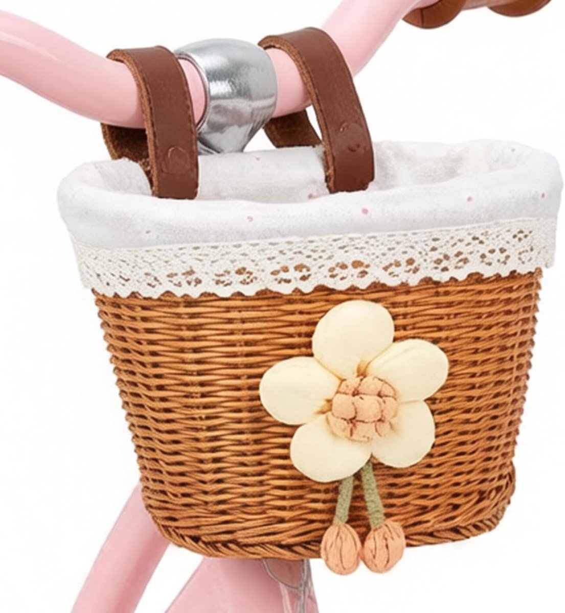Fietsmand voor kinderen – Mand met binnenvoering – Fietsmandje meisjes -Meisjesfietsmand – Opbergmand voor voorop – Geschikt voor racefietsen, MTB's, e-bikes, steps en loopfietsen – 21 x 16 x 16 cm – Bruin