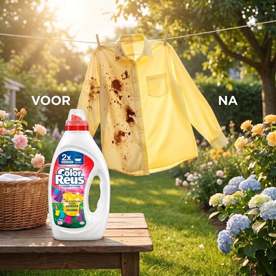 Voor en na: een gele blouse met bruine vlekken, half schoon, hangt aan een waslijn in een zonnige tuin. Naast een fles Color Reus.