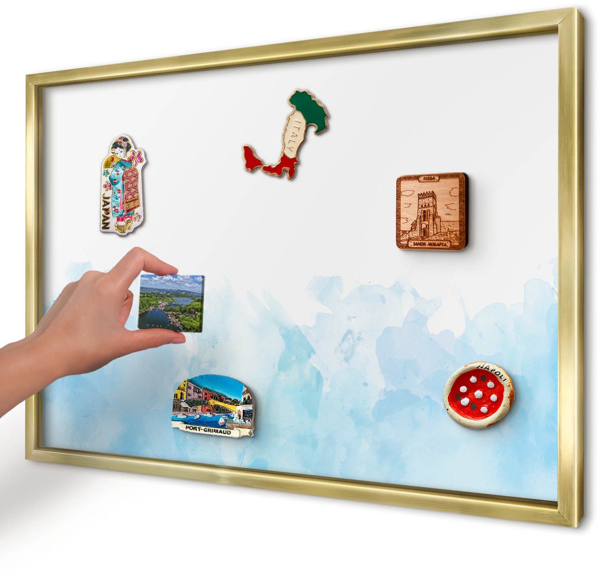 Artprintcave Blauw Magneetbord mit Gouden Frame - 60x40 cm - Rustgevend Landschap Wandbord Magnetisch - Waterverf Magneetbord Voor Foto's - Abstractie