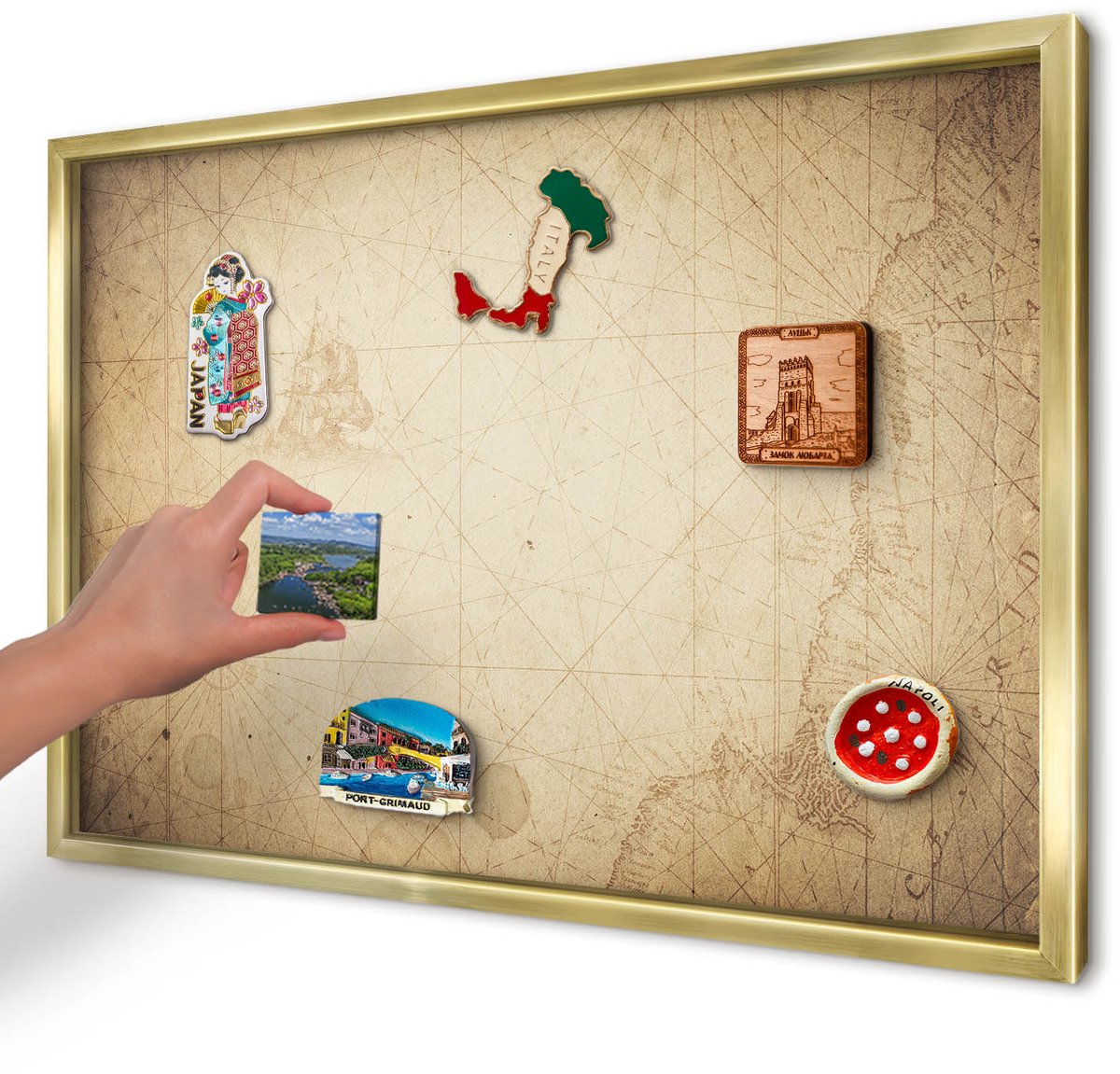 Artprintcave Beige Magneetbord mit Gouden Frame - 60x40 cm - Oude Kaart Bord Voor Magneten - Vintage Notitiebord - Kaarten