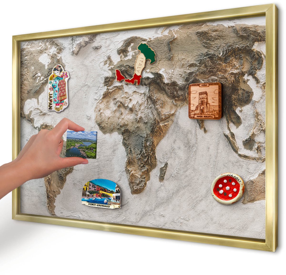 Artprintcave Beige Magneetbord mit Gouden Frame - 60x40 cm - Reliëfkaart Notitiebord - Realistisch Magnetisch Bord - Kaarten