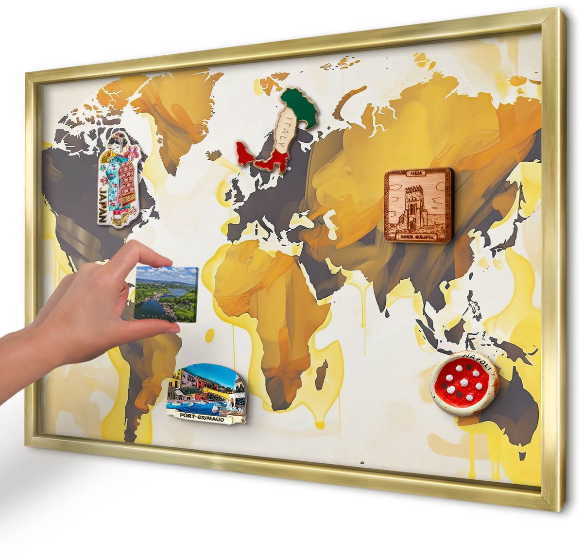 Artprintcave Geel Magneetbord mit Gouden Frame - 60x40 cm - Wereldkaart Bord Voor Magneten - Abstract Magneetbord Voor Keuken - Kaarten