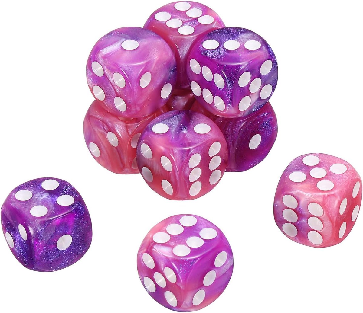10 stuks standaard kubussen, 6-zijdig, 2 kleuren, 16 mm, D6, acryl, polyedrische mini-dobbelstenen met pareldesign voor tafelspellen, paars en roze/witte stippen