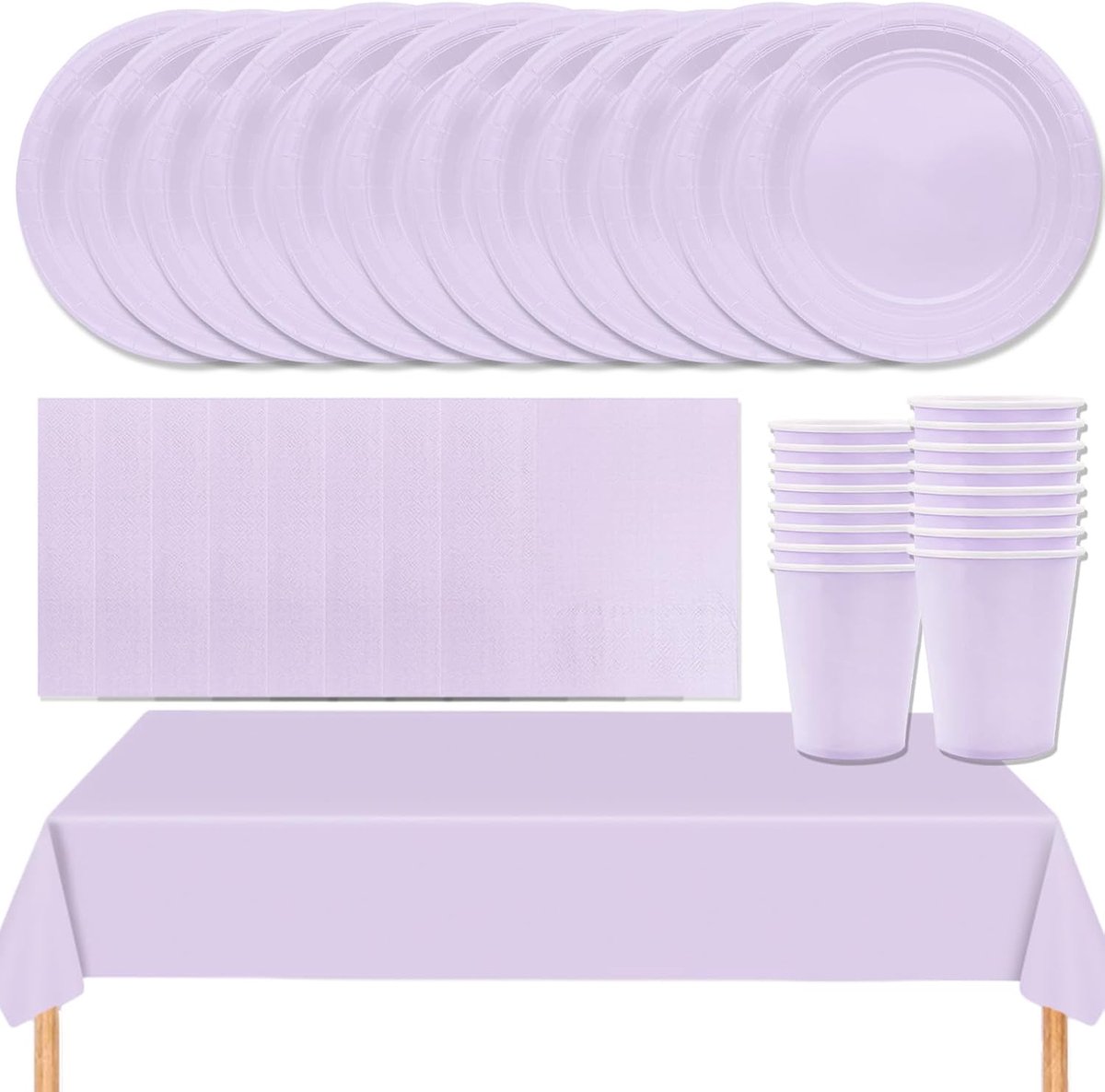 SnelShoppen - 53-Delig Partytafel Set, Licht Lila Servies Set met Borden, Tafelkleed, Servetten, Bekers, Eenvoudige Tafel decoraties voor Verjaardag,
