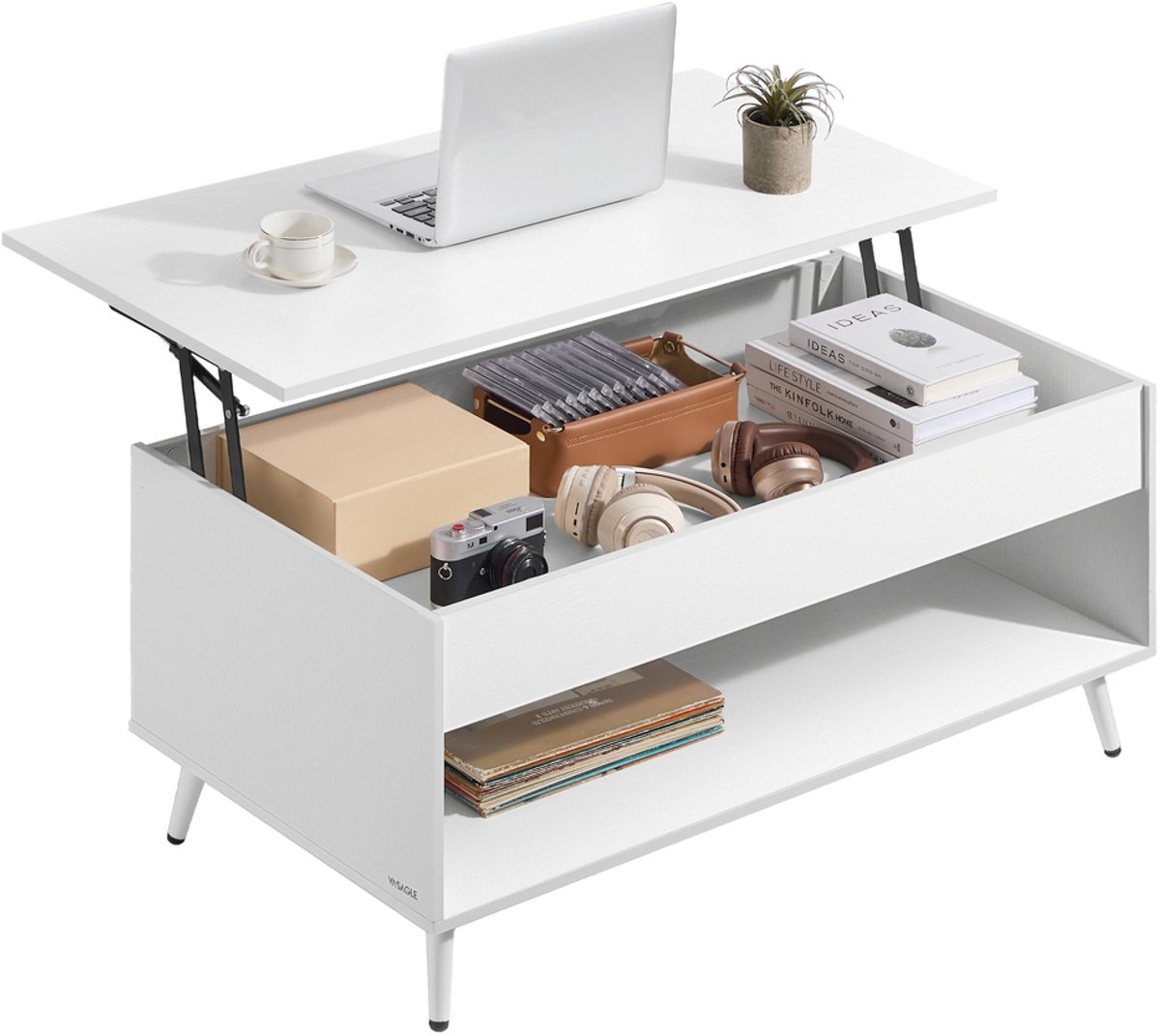 Salontafel met verstelbaar blad en verborgen opbergvak - Sneeuwwit-mat wit - Sneeuwwit