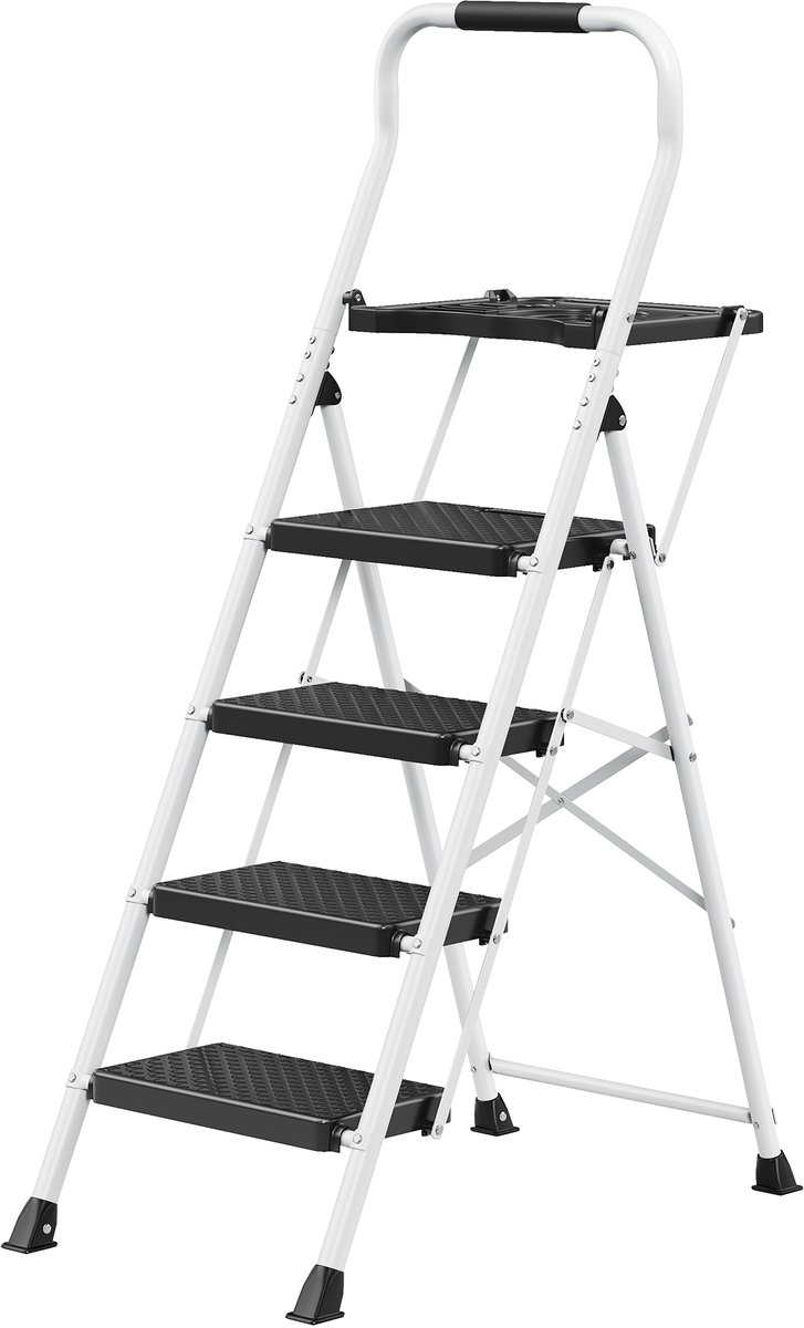 Opvouwbare trap - 4-treden opvouwbare ladder van staal - Draagvermogen tot 150 kg - 84 x 45,5 x 145,2 cm - Wit