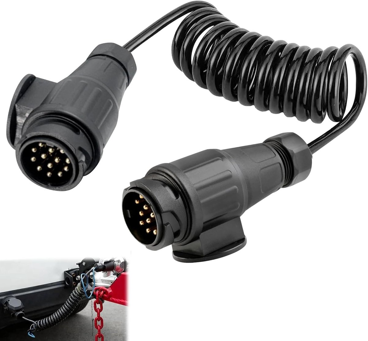 Uitbreidingskabel voor aanhangwagen, 13-polig, 2 m, Spiraalkabel, 12 V, Aansluitkabel voor aanhangwagen, Adapter voor aanhangwagen en auto, Geschikt voor RV en tractor