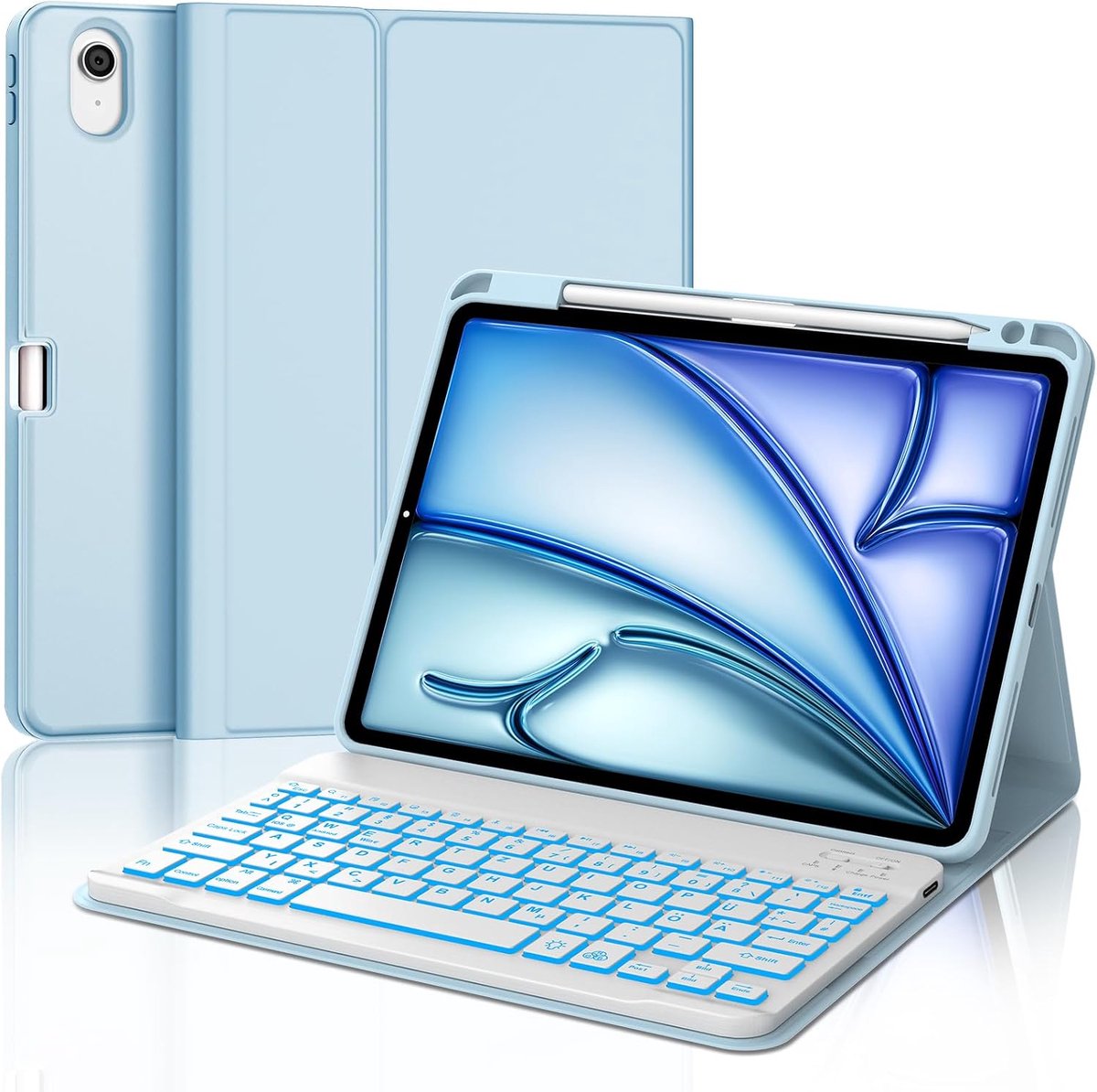 Toetsenbord voor iPad Air 11 2025 M3/2024 M2, 7-kleurige verlichting, beschermhoes met penhouder, hoes met Bluetooth magnetisch QWERTZ toetsenbord voor iPad Air 7e / 6e generatie 11 inch M3/M2
