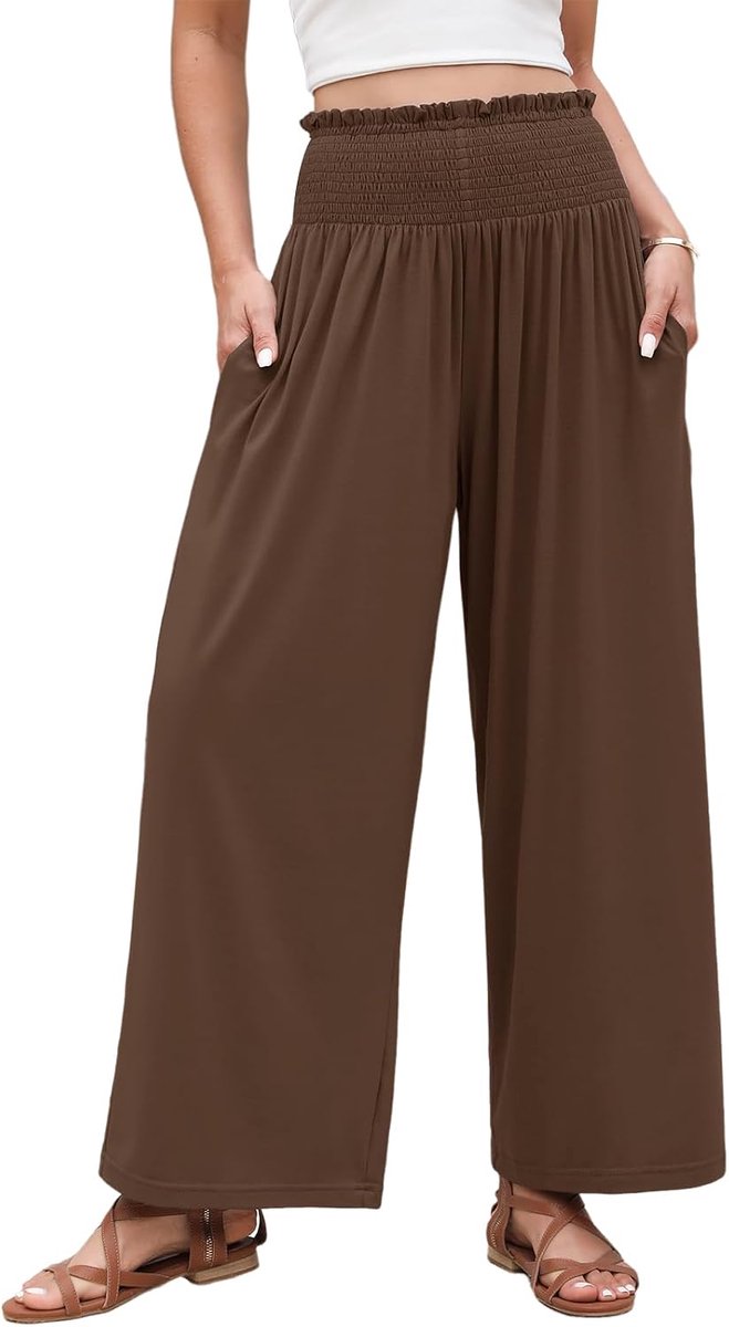 Dames wijde pijpen broek casual zomer hoge taille broek voor vrouwen elastische taille palazzo broek gesmokte taille baggy broek met zakken losse pasvorm strandbroek voor vakantie