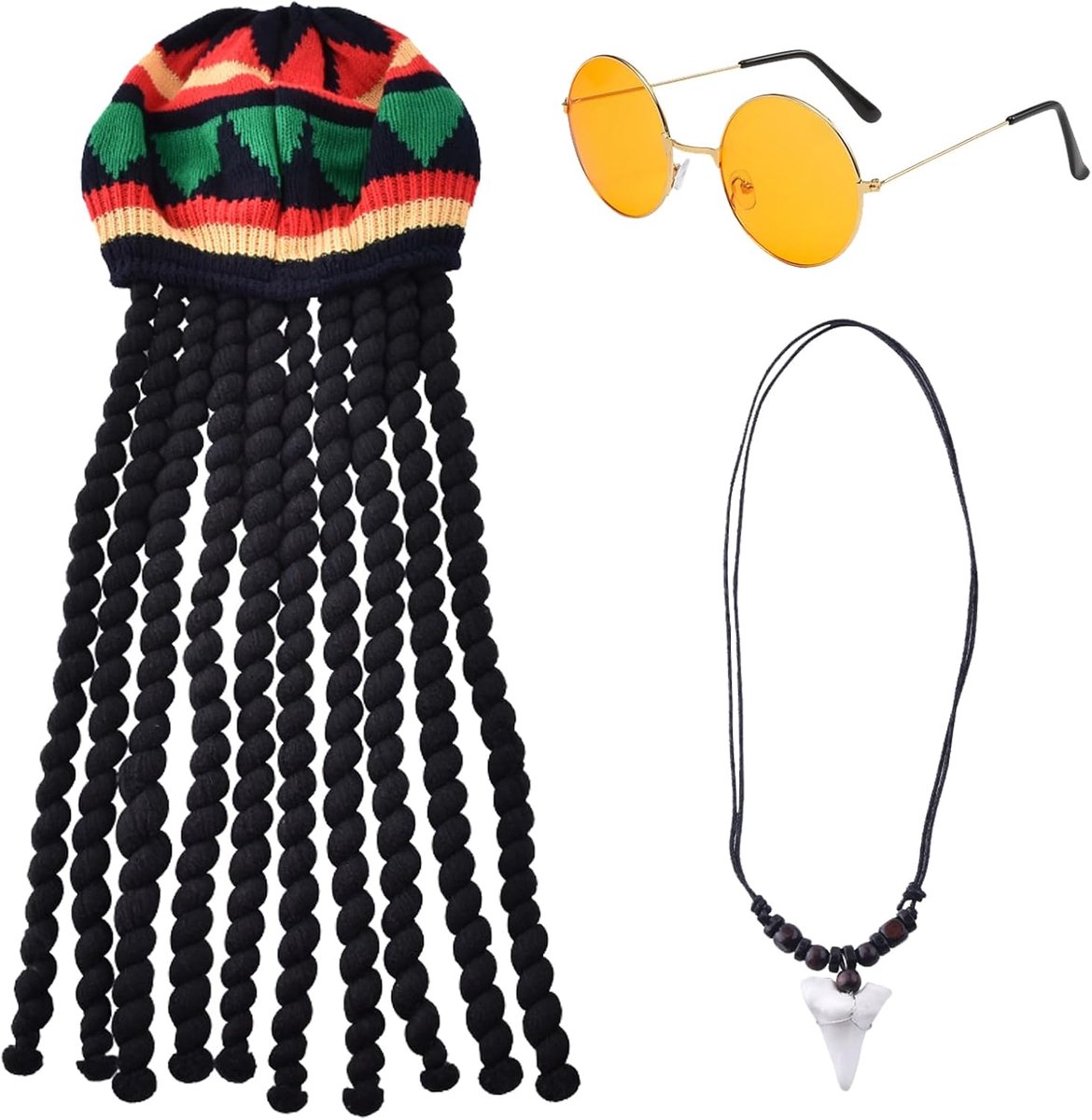 Set van 3 rasta hoeden, lang, gevlochten, kostuumaccessoires, reggae, dreadlocks Rastas, zwarte gevlochten pruikkap, met bril en verpakking, voor dames en heren