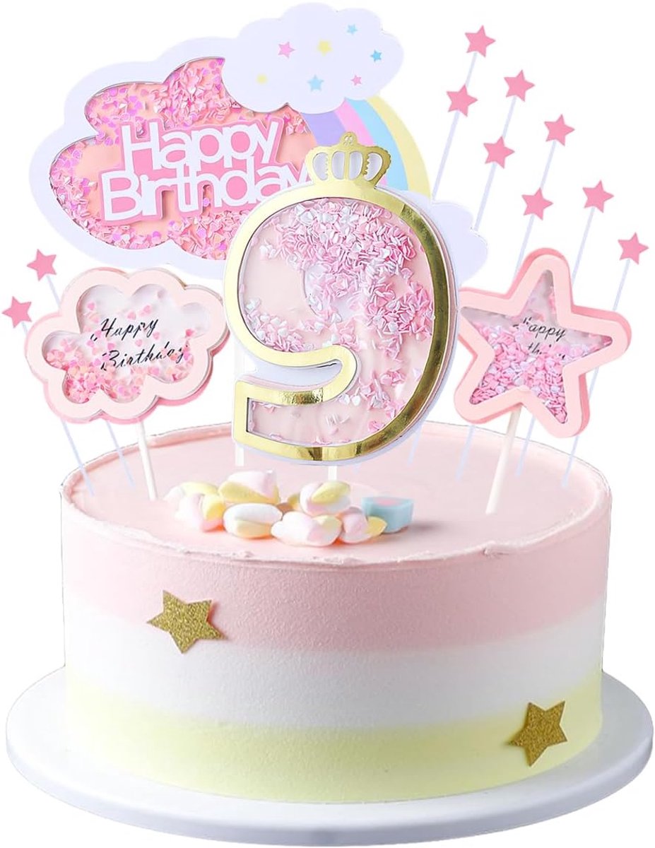 9e verjaardag taartdecoratie meisje - Happy Birthday regenboog cake topper wolken sterren taartdeksel - roze