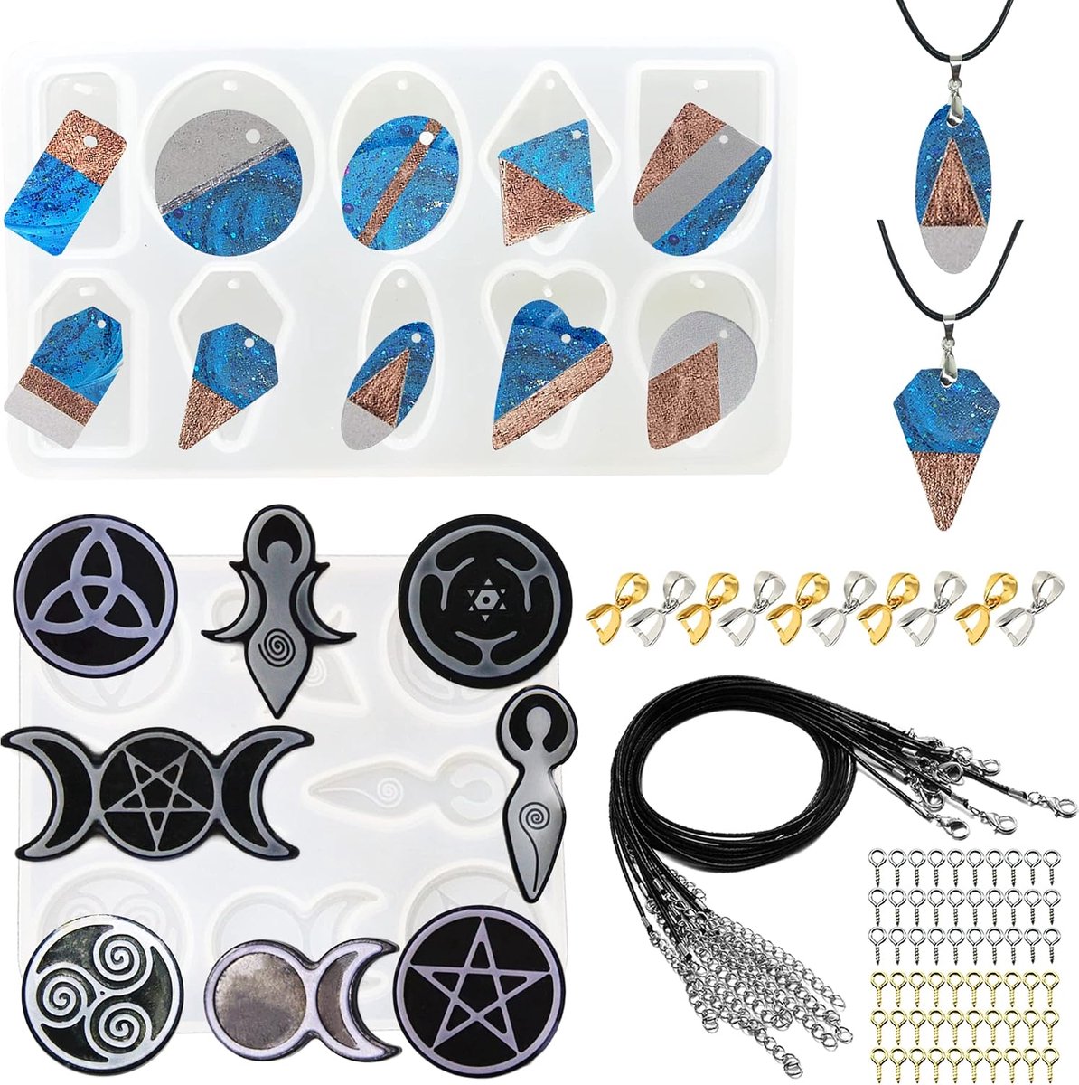 Allazone Vormen van siliconenhars, 2 stuks siliconen vormen voor sieraden, zon, maan, ster en geometrie, vorm, hars, hanger met gesp en hanger voor het maken van sieraden