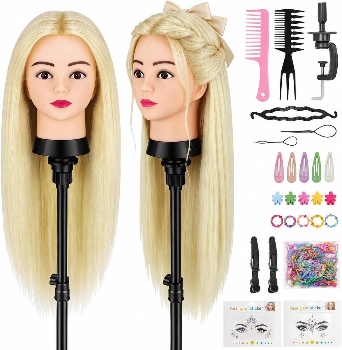 Kappershoofd Echt Haar 24 inch 80% Kapperspop Oefenhoofd | Kapsel Oefenhoofd Echthaar kapperspop Poppen Mannequin met Tafelklem en styling Set,Kapper Oefenhoofd voor Salon & Kappers