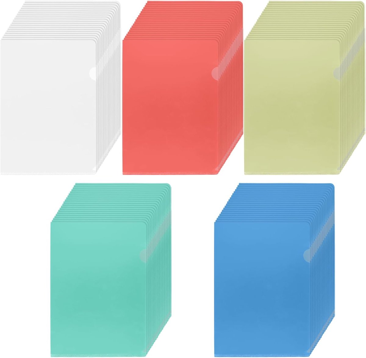 100 stuks A4-documentenhoezen, 180µ gekleurde zichthoezen, 5 kleuren, doorzichtige hoezen A4, aan de zijkant open voor kantoor, transparant, rood, geel, groen, blauw
