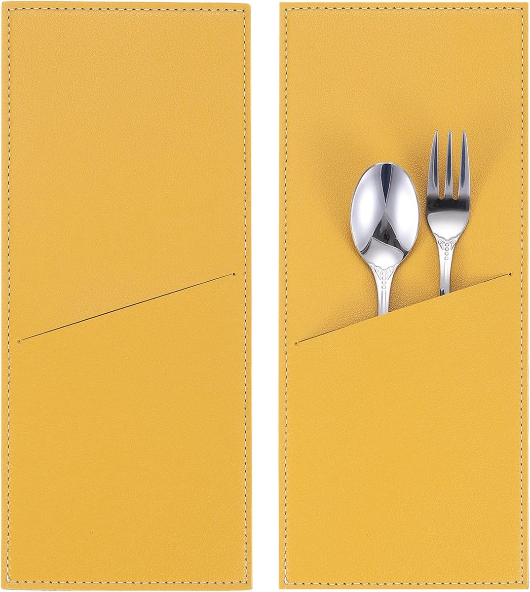2 x bestekzakken van leer voor mes en vork, tas voor bestek, voor eettafel, keukendecoratie thuis, geel
