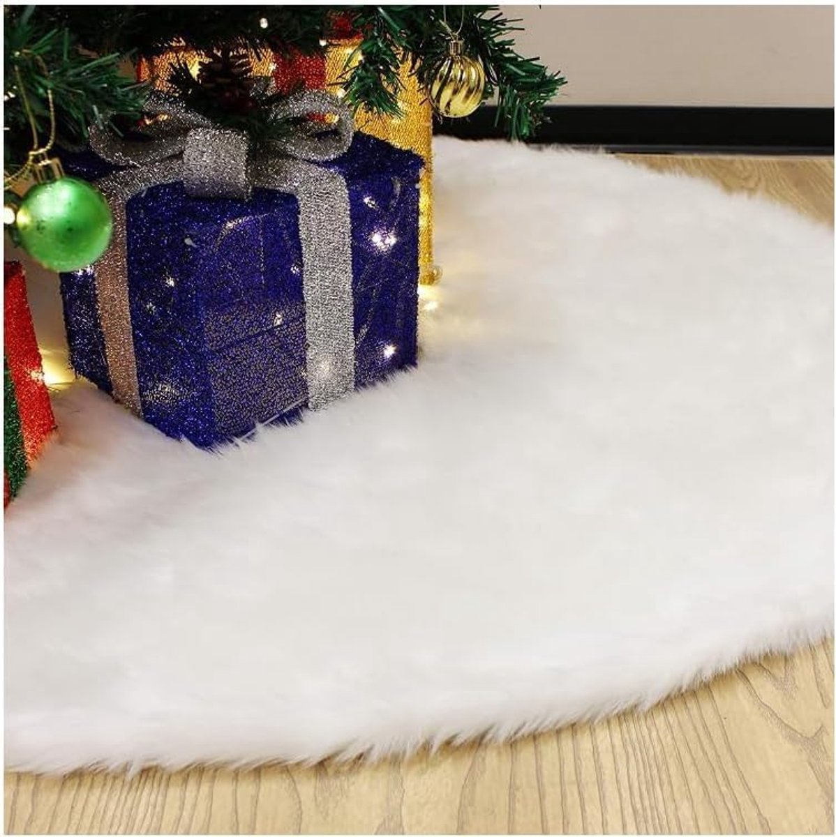 120 cm kerstboomdeken, dennenboomdeken, bont, rond, kerstboomtapijt, pluche rok voor Kerstmis, Nieuwjaar, feestdecoratie, wit (L 120cm)