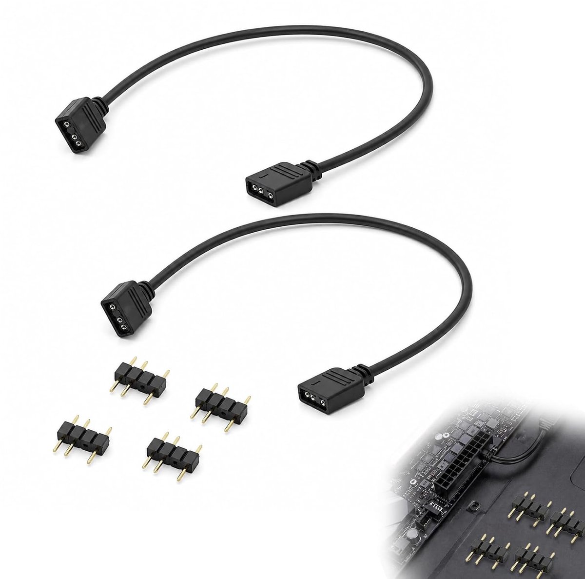 2 stuks 5 V 3-polige ARGB-splitterkabel, 30 cm ARGB splitter, met 4 driepolige connectoren, geschikt voor pc-ventilatoren, ARGB-hub, RGB-adapter, PC-RGB