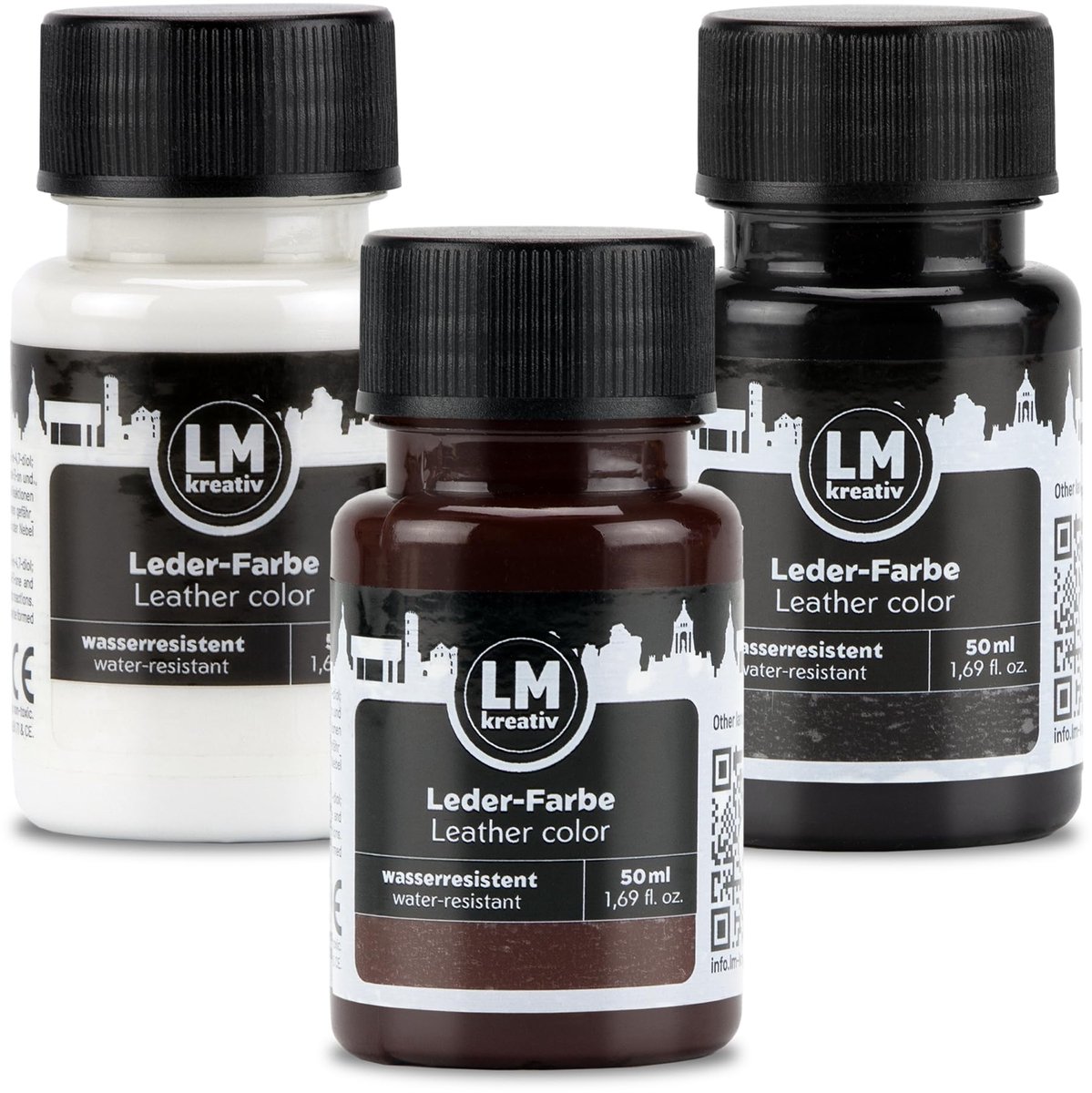 LM-Kreativ Leerverf - Leerverzorging en Reparatie - Waterbestendig - Slijtvast - Zwart, Wit, Bruin - 3 x 50 ml