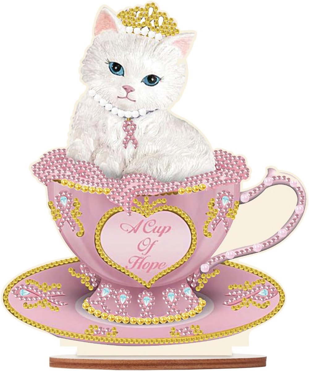 DIY Diamond Painting ornamenten kat in mok 12 x 21 cm diamant schilderij tafeldecoratie diamant painting tafel decoratie schilderen op nummer ornament borduurfoto's volwassenen beginners