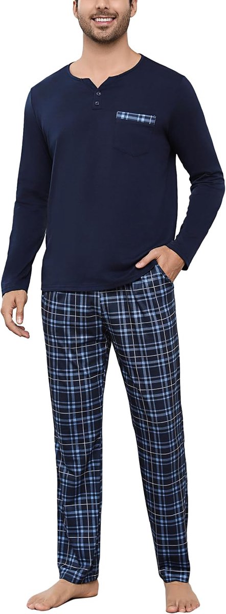 Pyjama heren pyjama set lang katoen met 2 knopen tweedelige nachtkleding