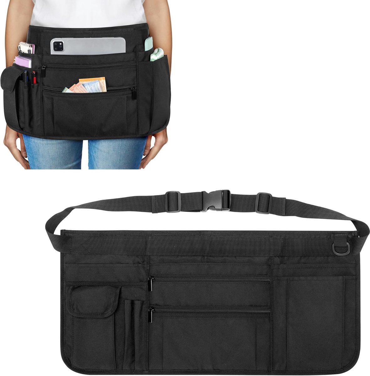 Serveerschort met Meerdere Zakken, Serverschort Halve Schort, Zwart | met Verstelbare Riem voor Serveerster, Ober, Vrouwen Mannen Server, Tailleschort voor Restaurant, Bistro, Keuken