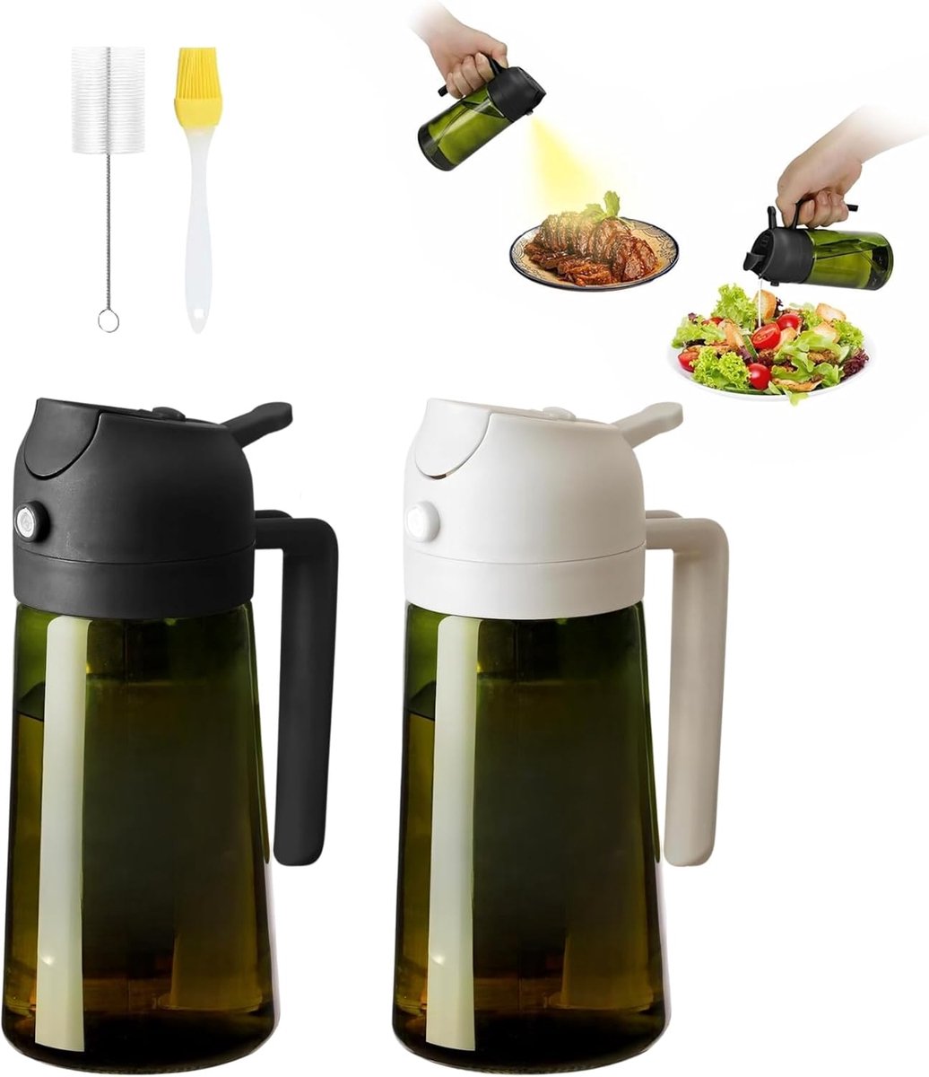 2 Stuks 2-in-1 Olieverstuiver voor Koken, 470 ml UV-beschermde Olijfolie Sprayfles, BPA-vrije Olie Sprayer voor Airfryer, Grillen, Bakken en Salades, Herbruikbare Olie Sprayfles voor Keuken en BBQ