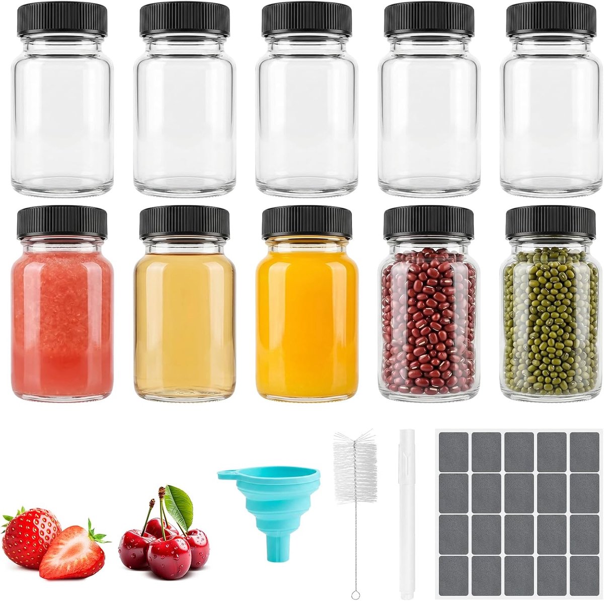 10 stuks kleine shotflessen om te vullen, glazen met deksel, 60 ml | Shotglazen, glazen flessen, gembershotglazen, met trechters, stickers, voor sap, saus, borrels