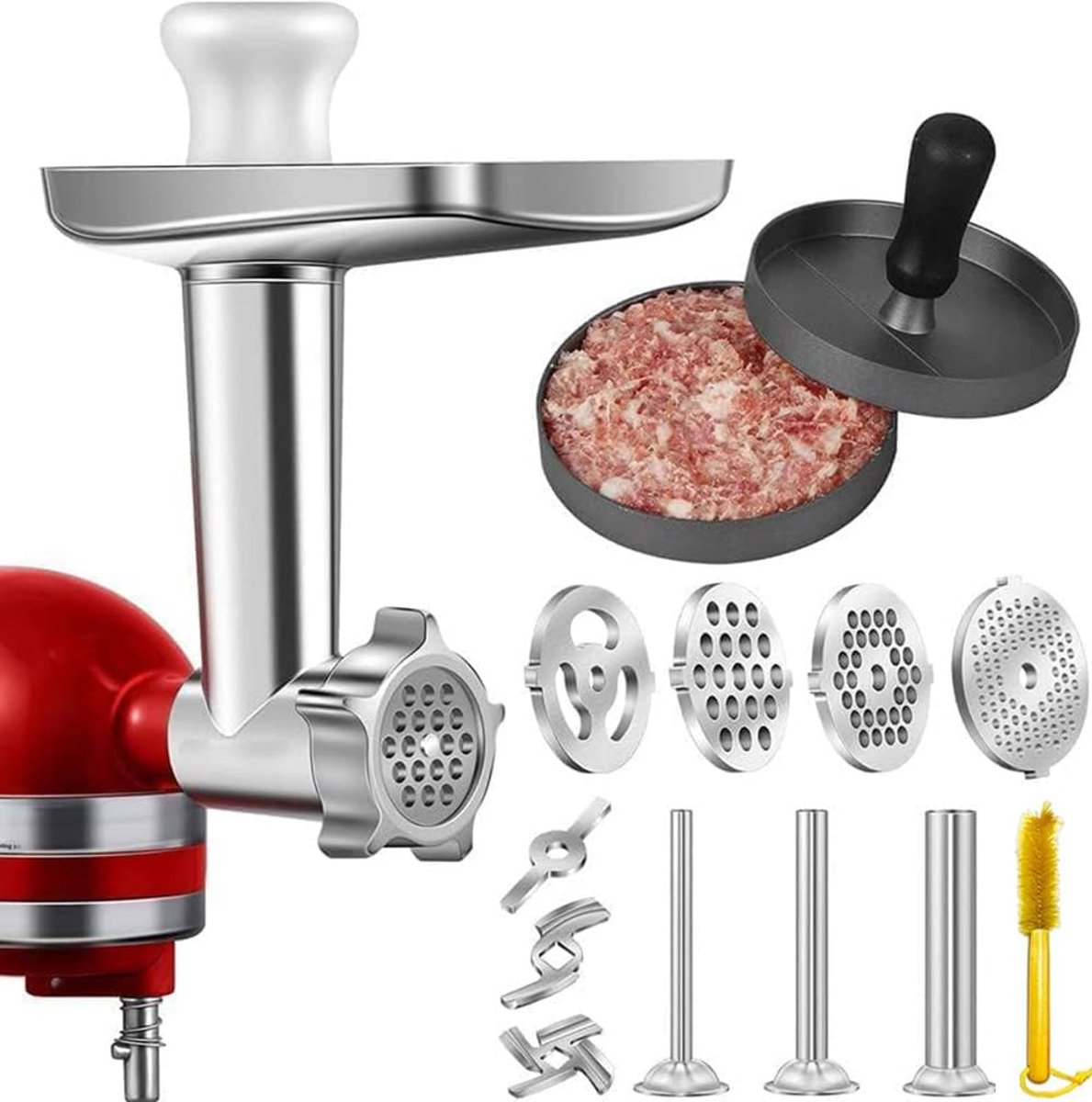 Vleesmolen-opzetstuk voor Kitchenaid blender, roestvrij staal, opzetstuk voor keukenhulp, met 3 worstvulhoorns, 3 slijpmessen, 4 maalschijven en hamburgerpers (roestvrij staal)