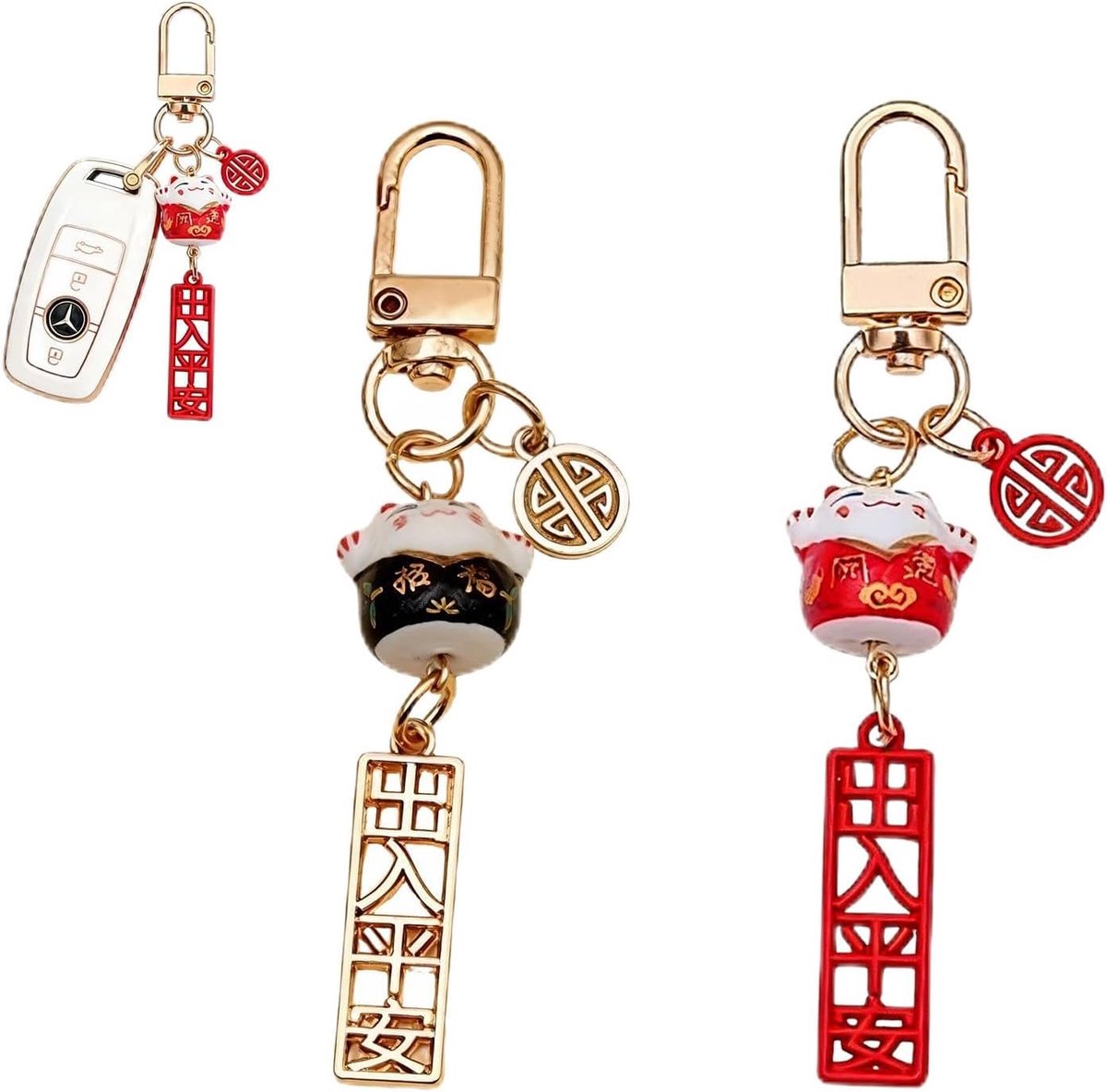 2 Stuks Maneki Neko Geluksbrenger, Maneki Neko Sleutelhanger,9.5 × 1 × 3 Cm, Keramiek, voor Sleutel Decoratie, Tas Ornament, Sleutelhanger Cadeau (Rood, Zwart）