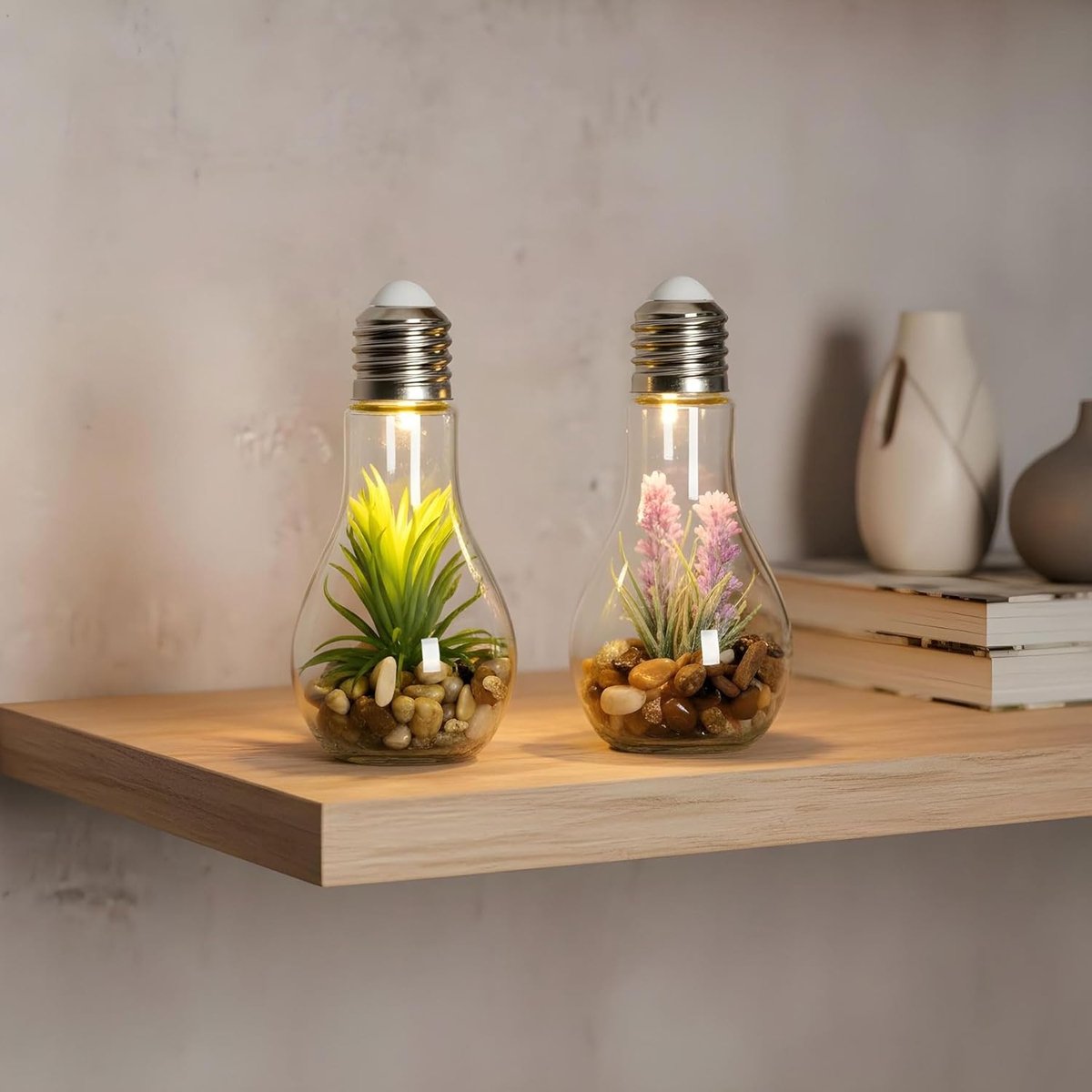 Set van 2 LED-lampen met vetplantje - Breedte x hoogte: 8 x 19 cm