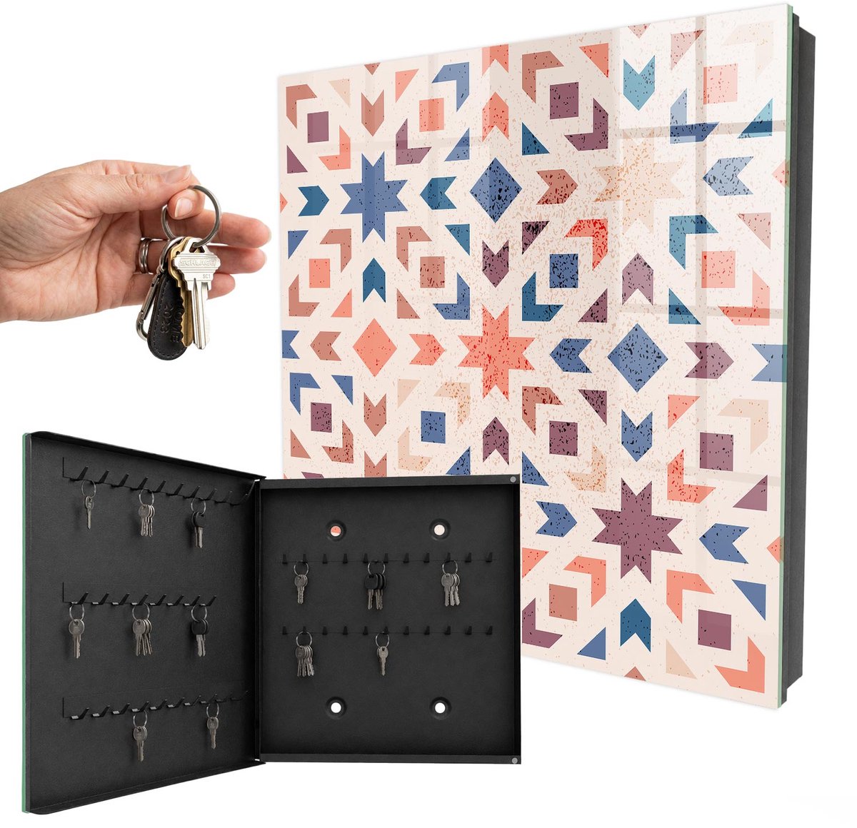 WallMuralia - Sleutelkast - 30x30x5 cm - met 50 haken - Geometrisch Patroon Sleutelkastje Design - Beige Sleutelbox - Linksopenend - Zwart interieur