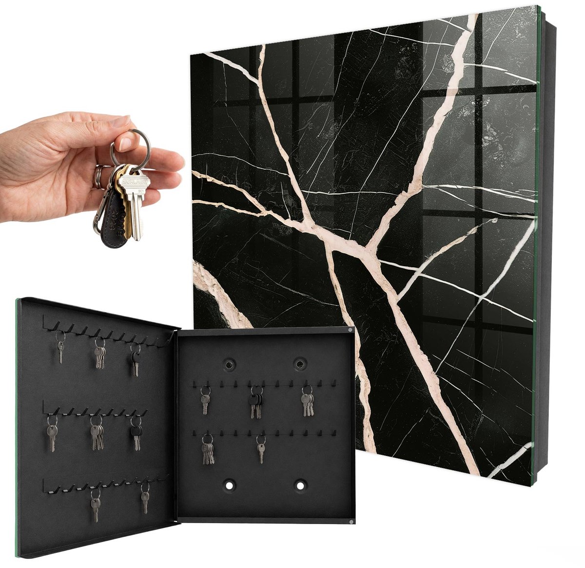 WallMuralia - Sleutelkast - 30x30x5 cm - met 50 haken - Dynamische Structuur Sleutelkastje Landelijk - Zwart Sleutelbox - Linksopenend - Zwart interieur