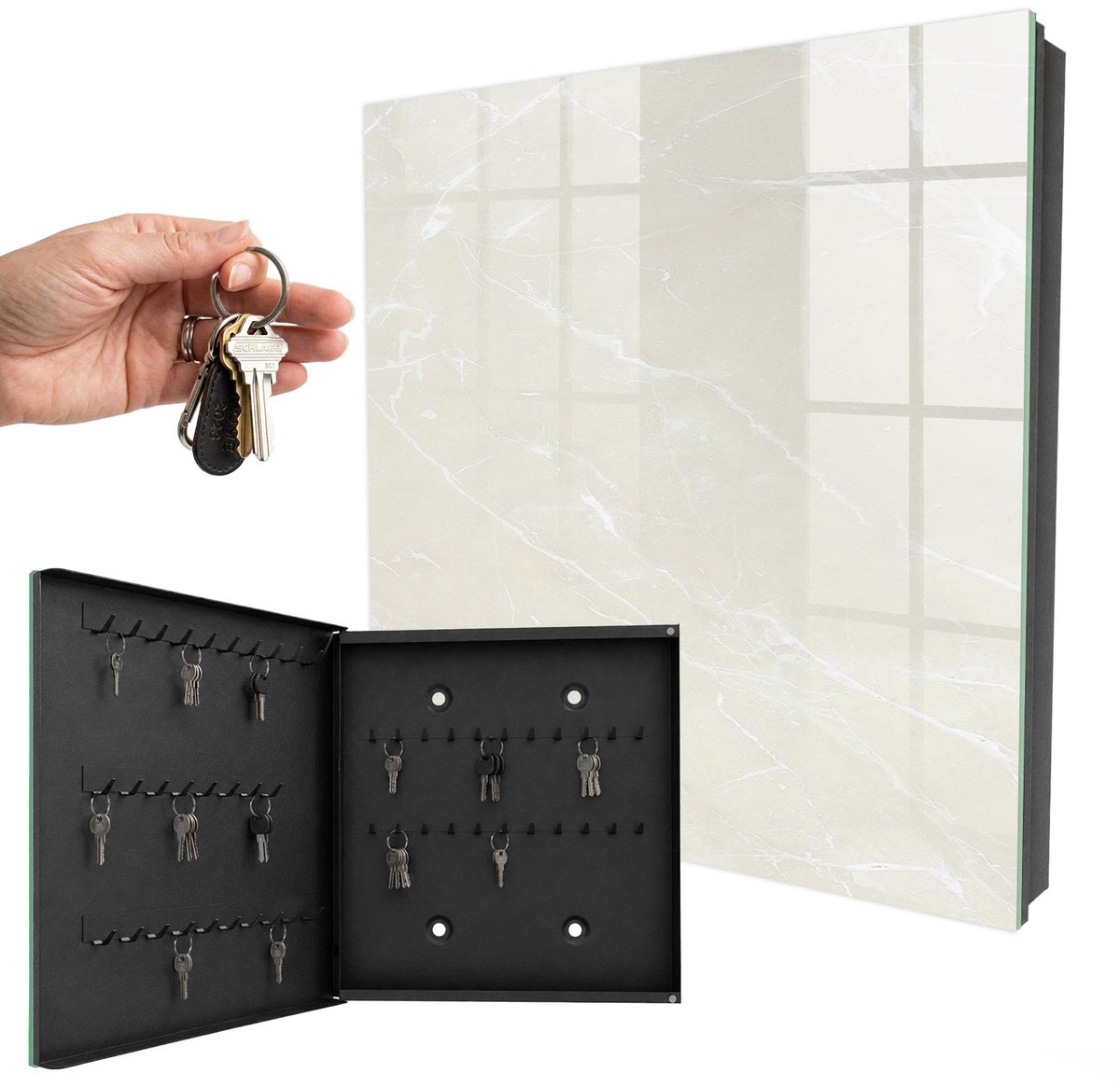 WallMuralia - Sleutelkast - 30x30x5 cm - met 50 haken - Marmeren Elegantie Sleutelkastje - Beige Sleutelbox - Linksopenend - Zwart interieur