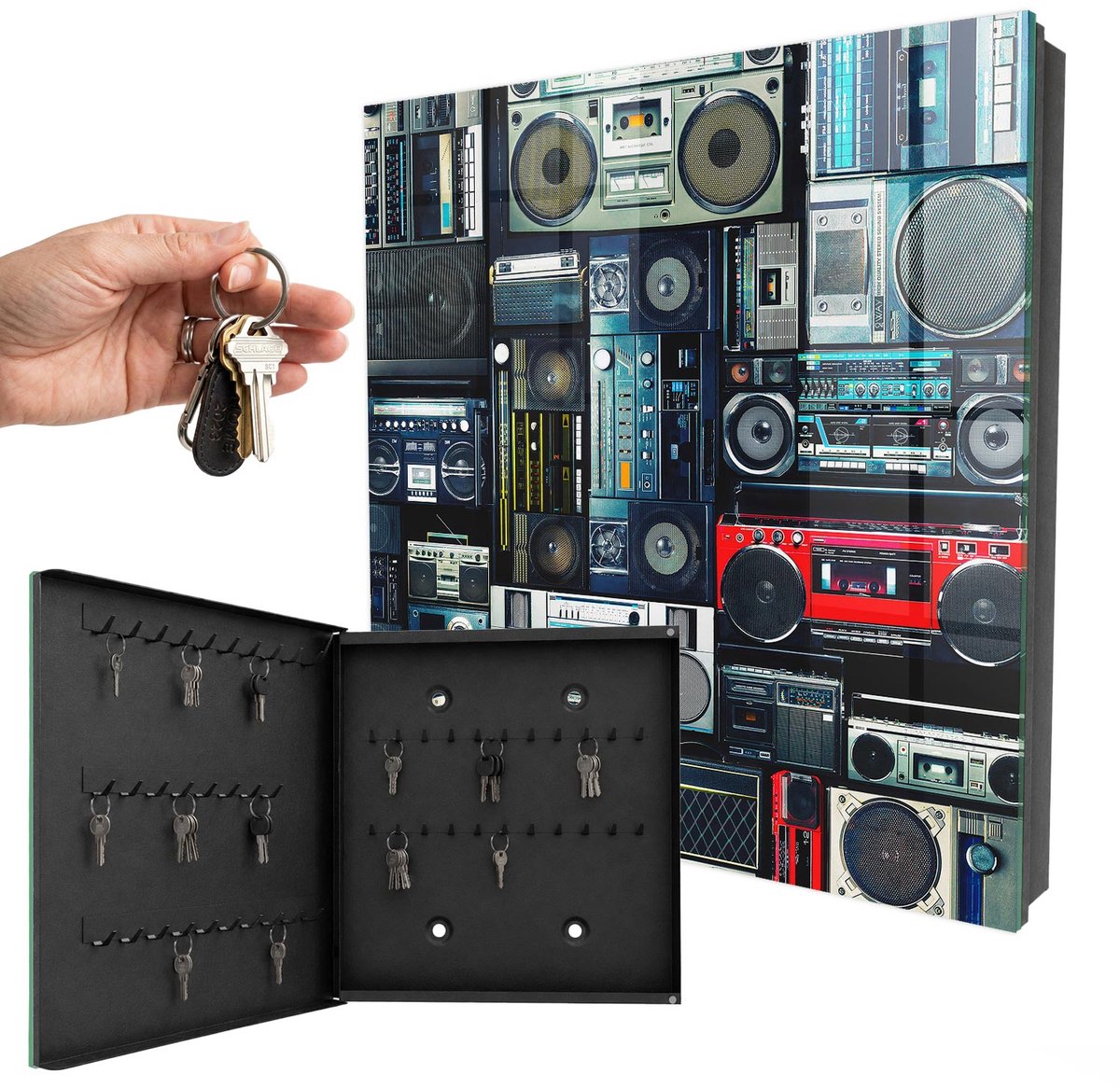 WallMuralia - Sleutelkast - 30x30x5 cm - met 50 haken - Muzikale Passie Sleutelkastje Industrieel - Blauw Sleutelbox - Linksopenend - Zwart interieur