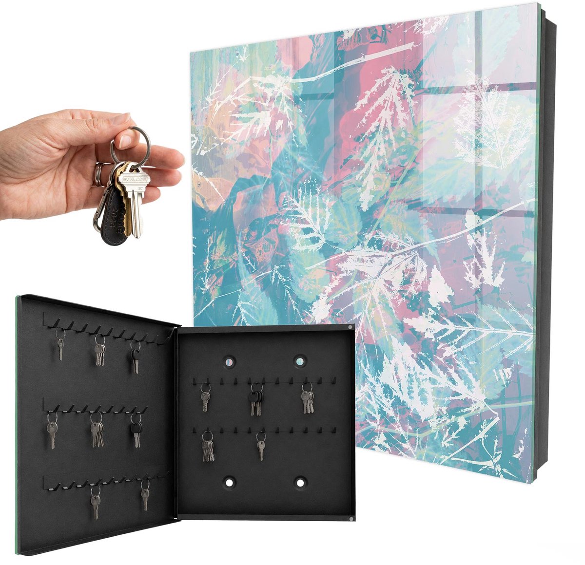 WallMuralia - Sleutelkast - 30x30x5 cm - met 50 haken - Pastelkleurige Bladeren Sleutelkastje Gang - Wit Sleutelbox - Linksopenend - Zwart interieur
