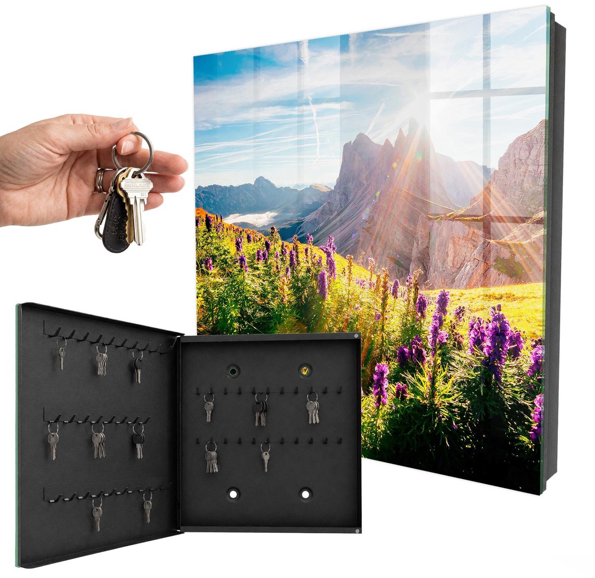 WallMuralia - Sleutelkast - 30x30x5 cm - met 50 haken - Idylle In De Bergen Sleutelkastje Landelijk - Groente Sleutelbox - Linksopenend - Zwart interieur