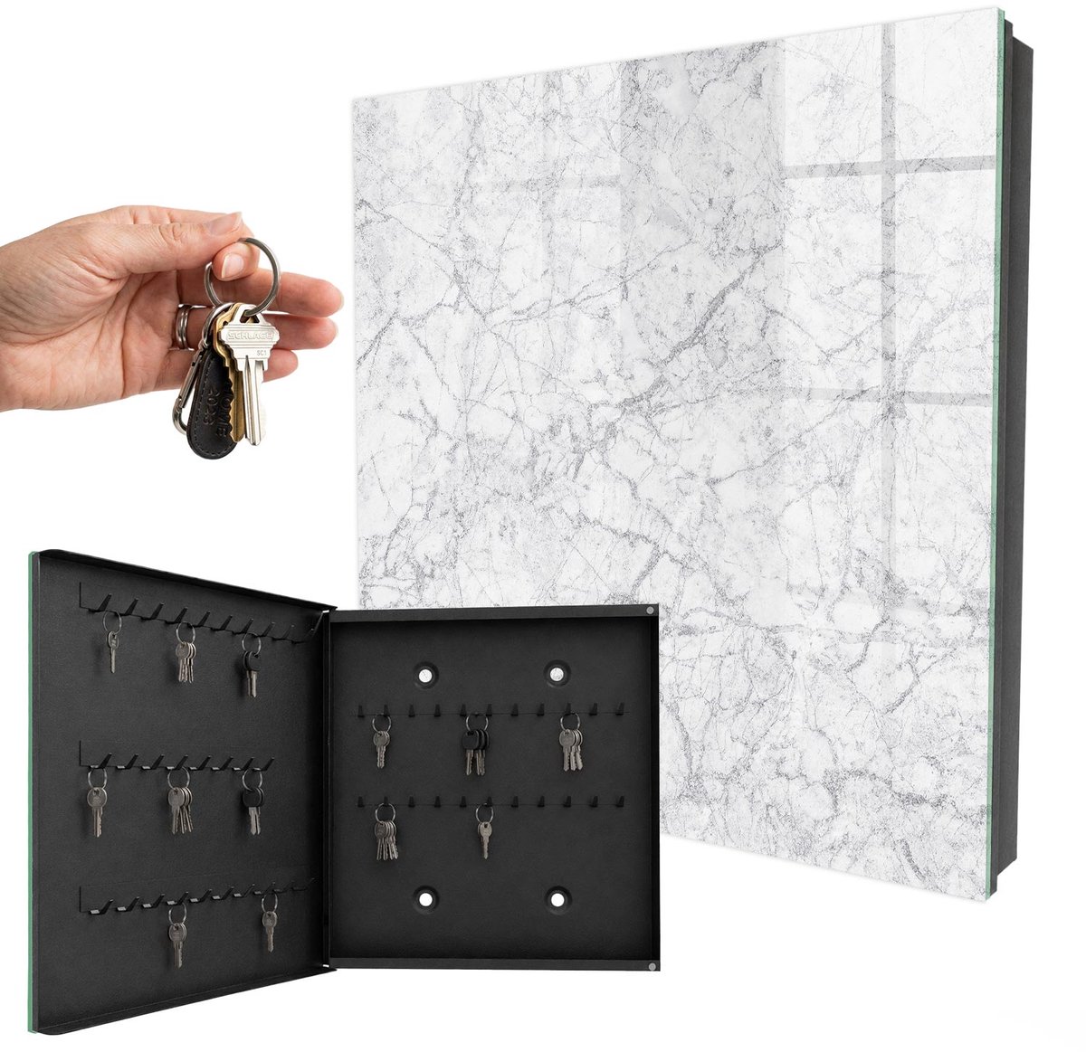 WallMuralia - Sleutelkast - 30x30x5 cm - met 50 haken - Marmeren Elegantie Sleutelkastje Hal - Wit Sleutelbox - Linksopenend - Zwart interieur