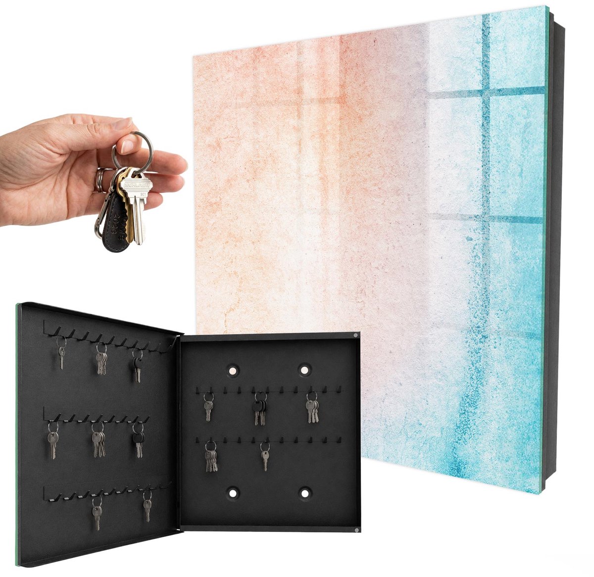WallMuralia - Sleutelkast - 30x30x5 cm - met 50 haken - Pastelkleurige Textuur Sleutelkastje Huis - Oranje Sleutelbox - Linksopenend - Zwart interieur