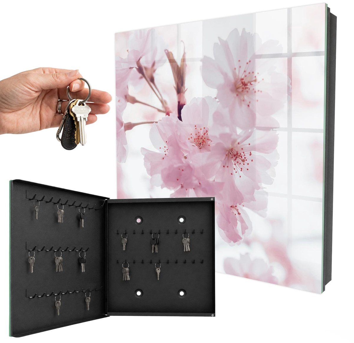 WallMuralia - Sleutelkast - 30x30x5 cm - met 50 haken - Kersenbloesems Sleutelkastje Klein - Roze Sleutelbox - Linksopenend - Zwart interieur