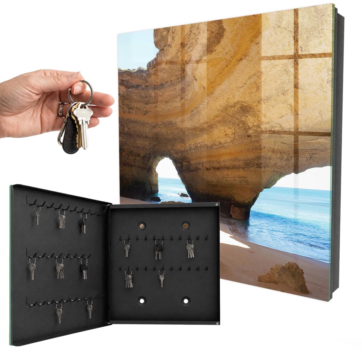 WallMuralia - Sleutelkast - 30x30x5 cm - met 50 haken - Zeegrot Sleutelkastje Klein - Beige Sleutelbox - Linksopenend - Zwart interieur