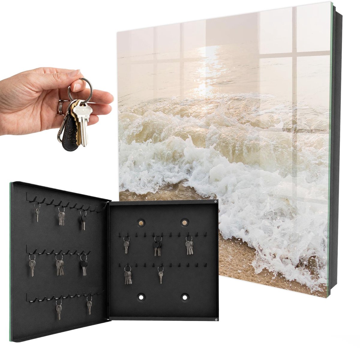 WallMuralia - Sleutelkast - 30x30x5 cm - met 50 haken - Zeegolf Sleutelkastje Gang - Beige Sleutelbox - Linksopenend - Zwart interieur