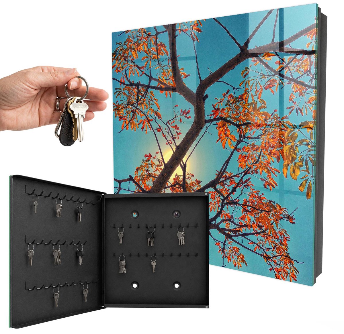 WallMuralia - Sleutelkast - 30x30x5 cm - met 50 haken - Herfstboom Sleutelkastje Muur - Blauw Sleutelbox - Linksopenend - Zwart interieur