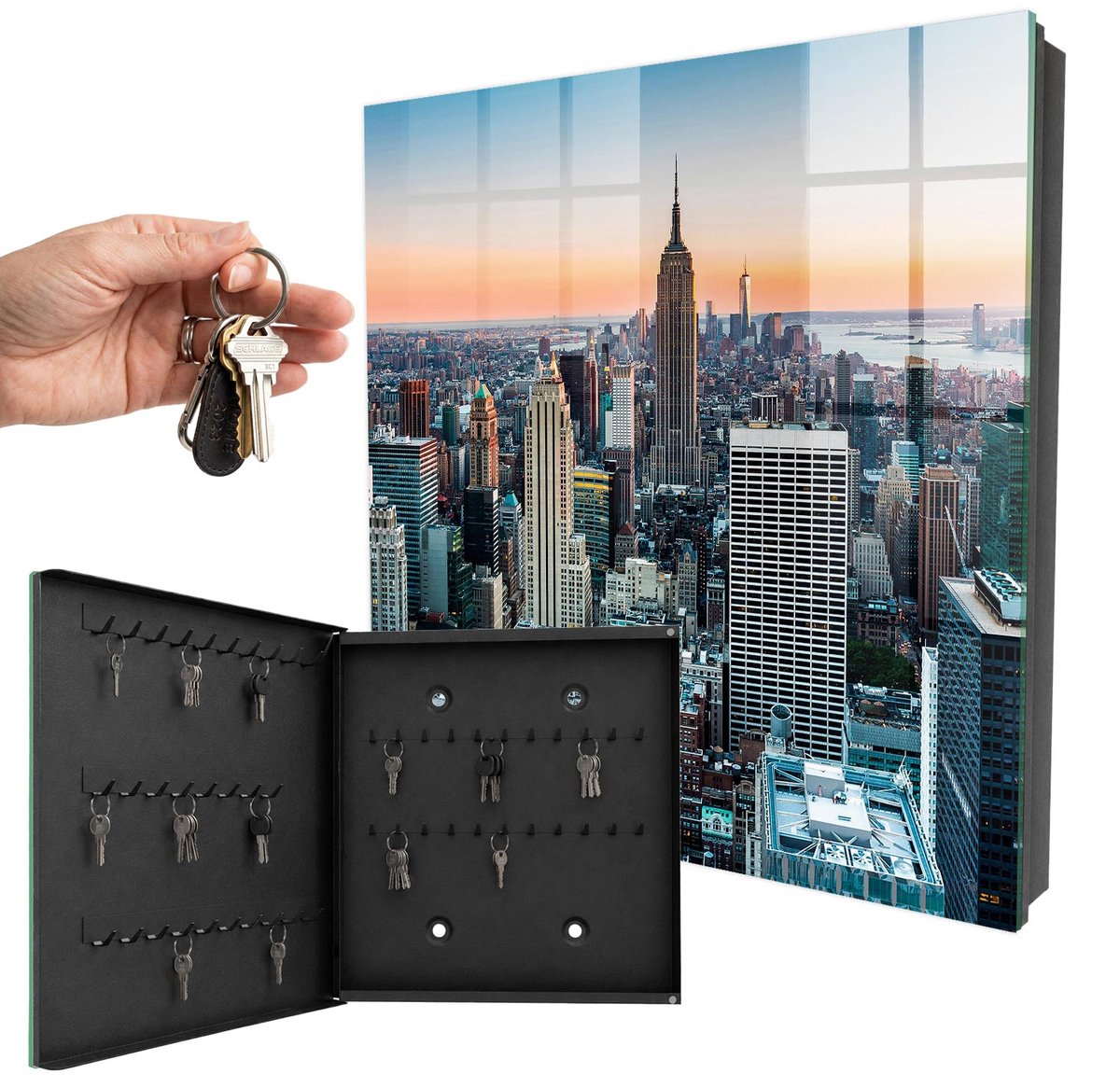 WallMuralia - Sleutelkast - 30x30x5 cm - met 50 haken - Stadspanorama Sleutelkastje Voor Binnen - Grijs Sleutelbox - Linksopenend - Zwart interieur