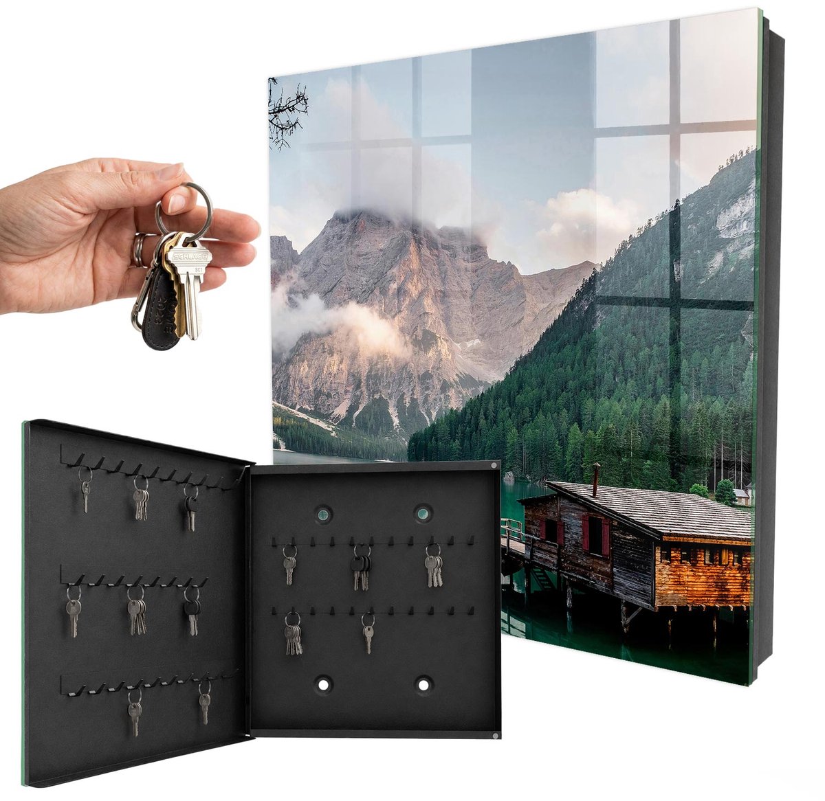 WallMuralia - Sleutelkast - 30x30x5 cm - met 50 haken - Bergmagie Leuk Sleutelkastje - Groente Sleutelbox - Linksopenend - Zwart interieur
