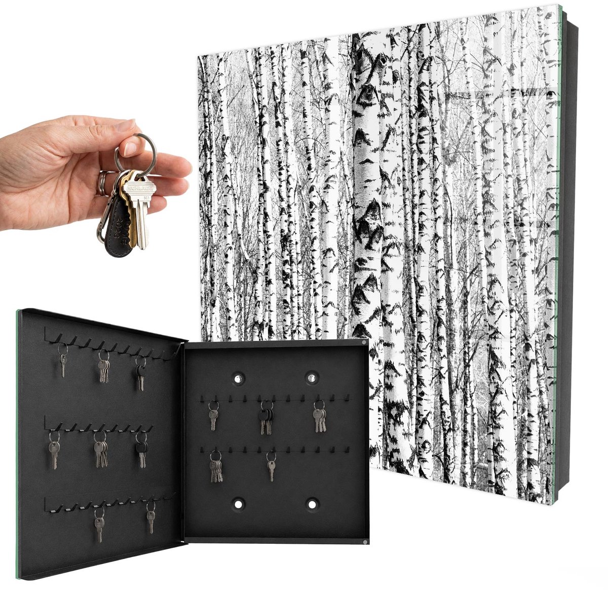 WallMuralia - Sleutelkast - 30x30x5 cm - met 50 haken - Berkenbos Sleutelkastje Muur - Wit Sleutelbox - Linksopenend - Zwart interieur